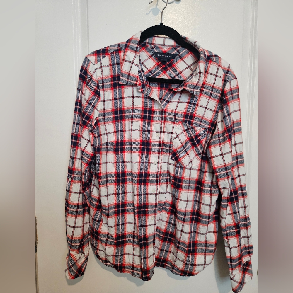Tommy Hilfiger button up long sleeve shirt Size L ref white and blue